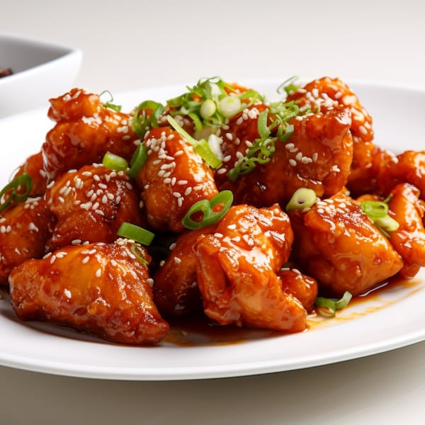 Szechuan chicken pieces coated in a glossy orange sauce, topped with sesame seeds and green onions.