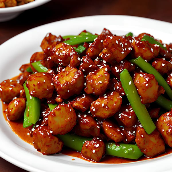 Szechuan chicken with green beans and sesame seeds in a rich red sauce on a white plate.